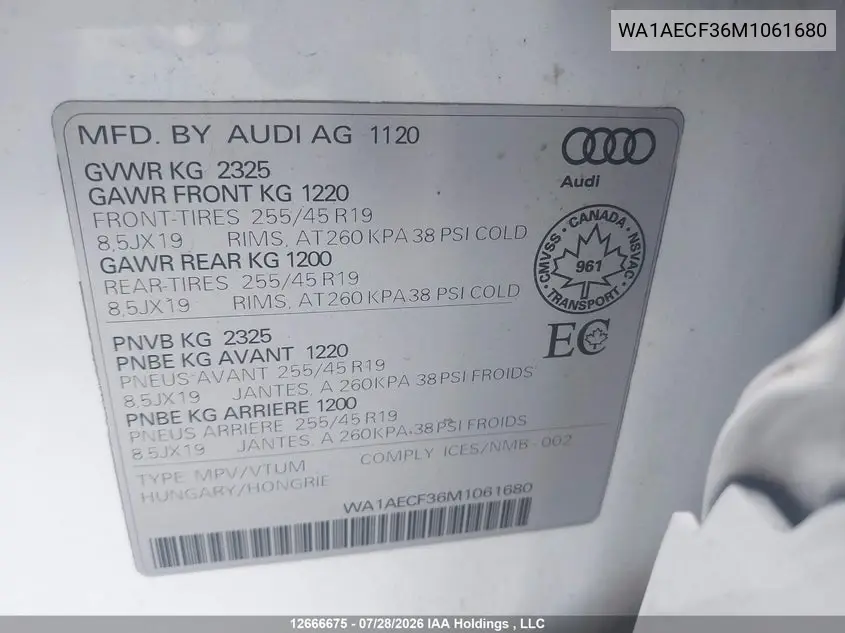 Auction sale of the 2021 Audi Q3 , vin: WA1AECF36M1061680, lot number: 12666675