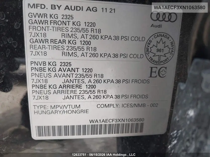 Auction sale of the 2022 Audi Q3 , vin: WA1AECF3XN1063580, lot number: 12633751