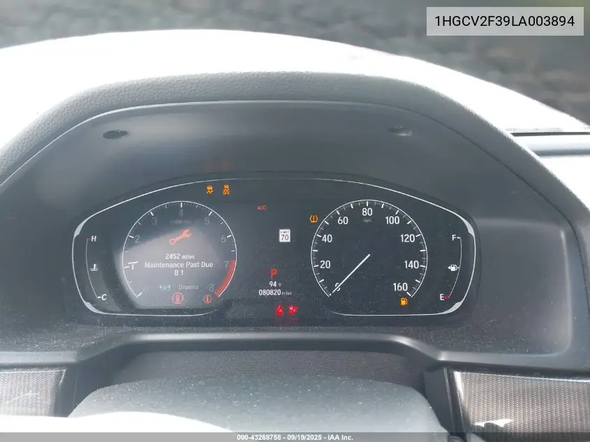 Auction sale of the 2020 Honda Accord , vin: 1HGCV2F39LA003894, lot number: 43268758