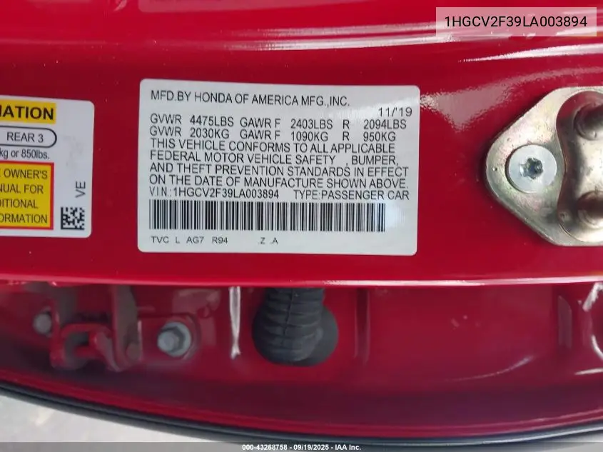 Auction sale of the 2020 Honda Accord , vin: 1HGCV2F39LA003894, lot number: 43268758