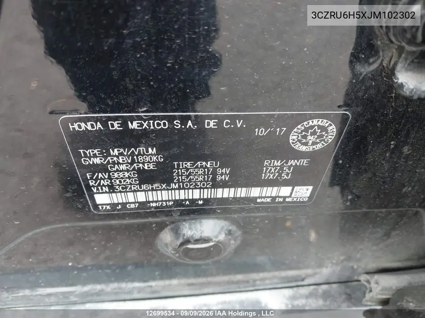 Auction sale of the 2018 Honda HR V , vin: 3CZRU6H5XJM102302, lot number: 12699534