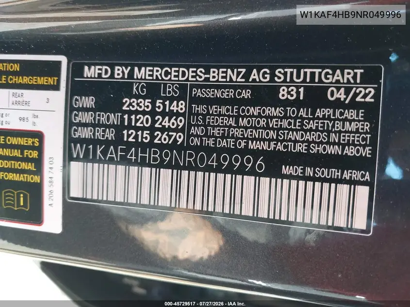 Auction sale of the 2022 Mercedes Benz C klasse , vin: W1KAF4HB9NR049996, lot number: 45729517