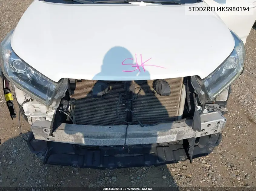 Auction sale of the 2019 Toyota Highlander , vin: 5TDDZRFH4KS980194, lot number: 45692283