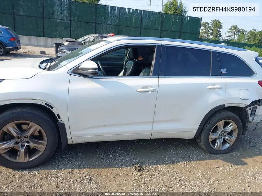 Auction sale of the 2019 Toyota Highlander , vin: 5TDDZRFH4KS980194, lot number: 45692283