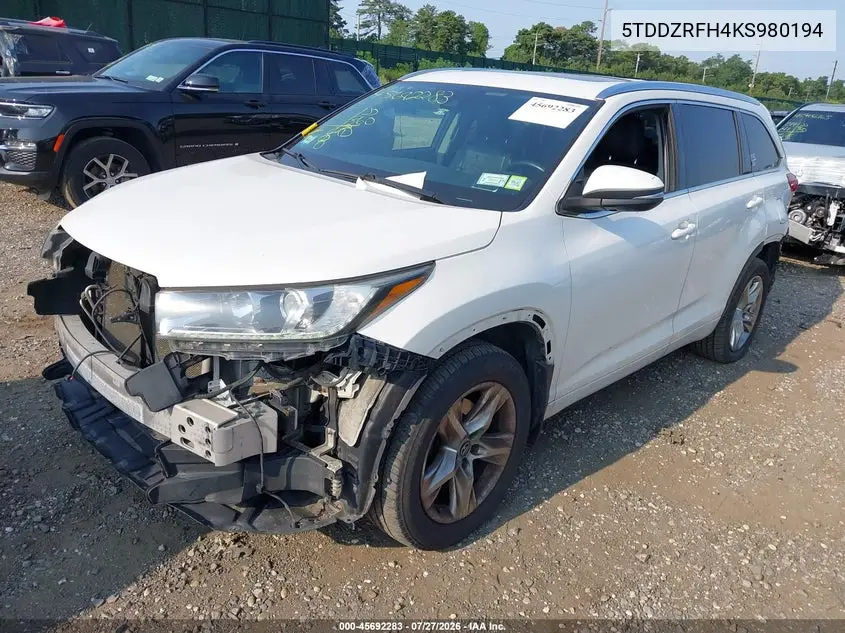 Auction sale of the 2019 Toyota Highlander , vin: 5TDDZRFH4KS980194, lot number: 45692283