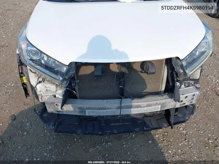 Auction sale of the 2019 Toyota Highlander , vin: 5TDDZRFH4KS980194, lot number: 45692283