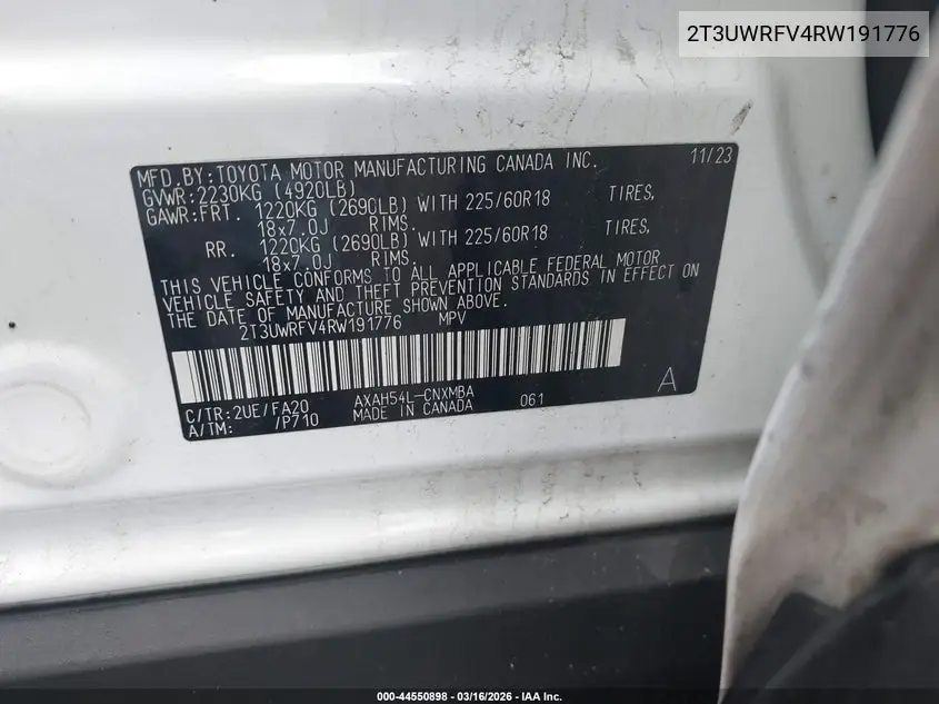 Auction sale of the 2024 Toyota RAV 4 , vin: 2T3UWRFV4RW191776, lot number: 44550898
