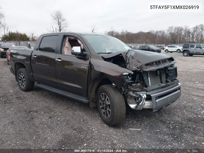Auction sale of the 2021 Toyota Tundra , vin: 5TFAY5F1XMX026919, lot number: 38517816