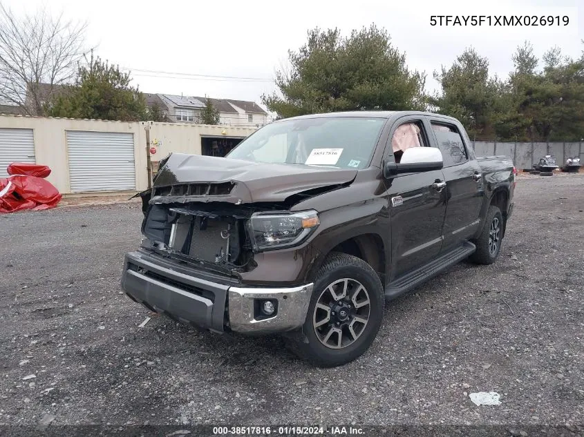 Auction sale of the 2021 Toyota Tundra , vin: 5TFAY5F1XMX026919, lot number: 38517816